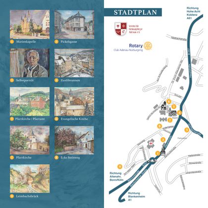 Stadsplattegrond met foto's van bezienswaardigheden in Adenau, waaronder kerken en historische gebouwen.