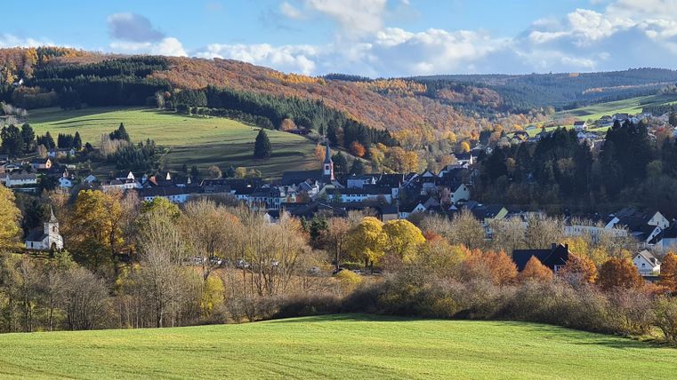 Panoramasicht auf Stadtkyll mit den vielen Häusern und Kirche im Zentrum. Um das Dorf herum sind Wiesen und Wälder.