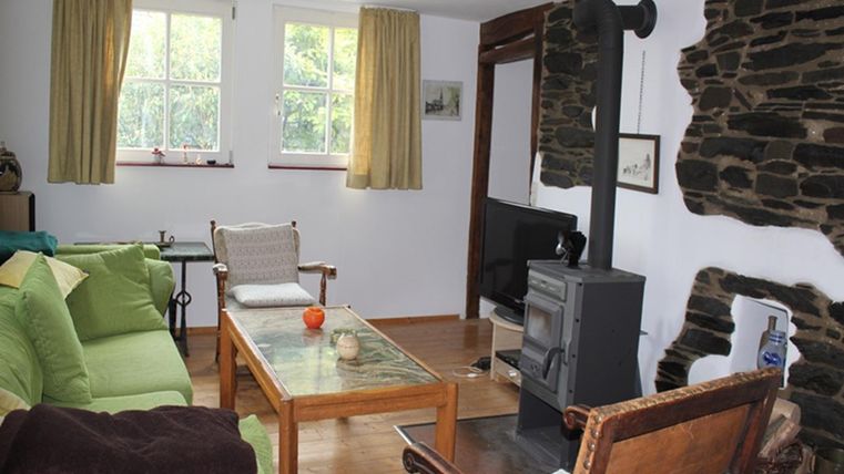 Een gezellige woonkamer met een houtkachel en een grote raampartij. De inrichting bestaat uit comfortabele banken en een houten tafel.