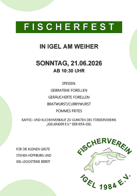 A flyer for the Fisherman's Festival in Igel at the pond. The date is June 21, 2026, starting at 10:30 a.m., with information about food and activities.