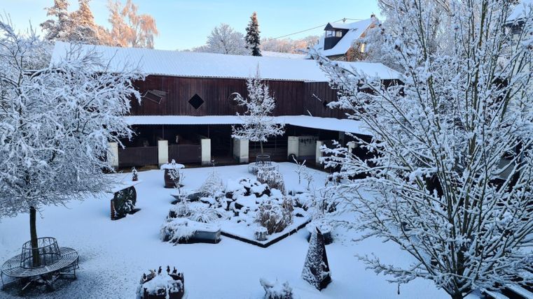 Une cour intérieure enneigée avec des arbres et des buissons recouverts de neige. À l'arrière-plan, on peut voir un bâtiment en bois.