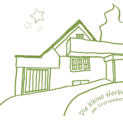 Une représentation simple et esquissée d'une maison avec un jardin. En dessous, le texte : "La petite auberge au Sternenberg".