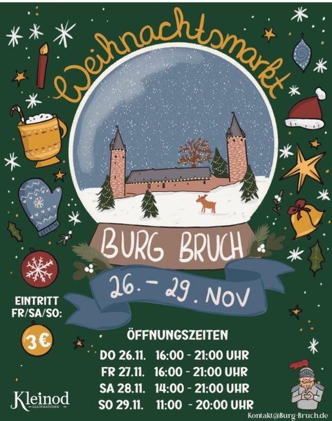 Weihnachtsmarkt mit festlicher Atmosphäre und einer Zeichnung der Burg Bruch. Die Veranstaltung findet vom 27. bis 30. November statt.