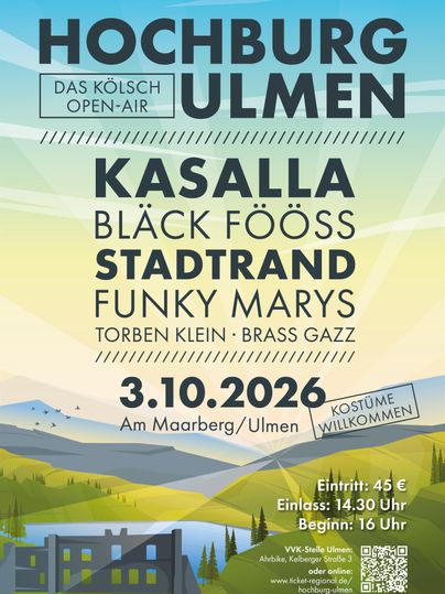 A poster for an open-air event in Hochburg Ulmen. It displays various bands and information about the date, time, and admission price.