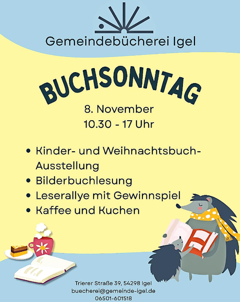 A poster for the Book Sunday at the community library Igel. It displays information about exhibitions, activities, and offerings such as coffee and cake.