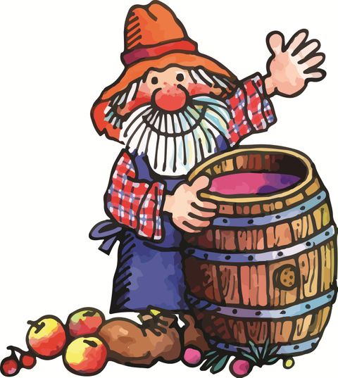 A cheerful gardener with a red hat stands next to a wooden barrel. In front of him lie apples and vegetables.