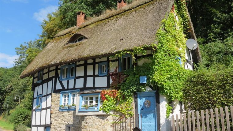 Vakwerkhuis met rieten dak en klimop in Eichenbach, omgeven door bomen.