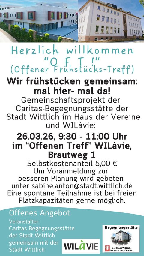 Une invitation à un petit-déjeuner commun à Wittlich. L'événement aura lieu le 26 mars 2026 au WILäVie et nécessite une inscription préalable.