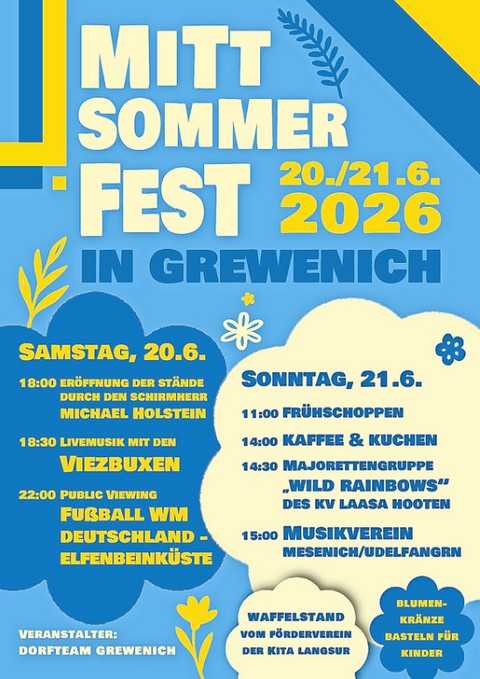 A poster-like design for a summer festival in Grewenich on June 20th and 21st, 2026. It includes information about events, activities, and the schedule for the festival day.