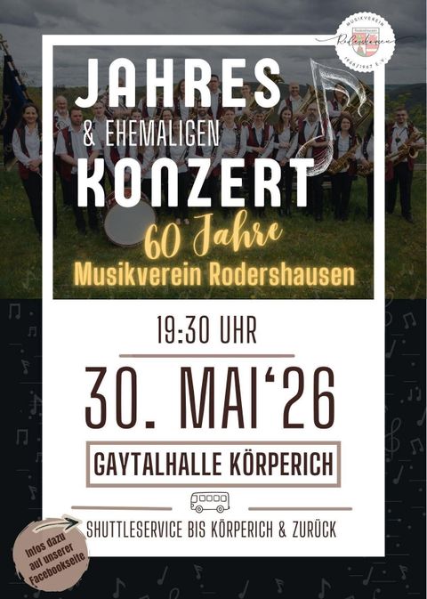 A poster for an annual and alumni concert of the Rodershausen music association. The concert will take place on May 30, 2026, at the Gaytalhalle Körperich.