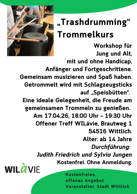 Ein Workshop für Trommeln mit dem Titel „Trashdrumming“ für alle Altersgruppen und Fähigkeitsstufen. Gemeinsam musizieren und Spaß haben steht im Mittelpunkt der Veranstaltung.