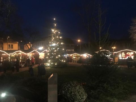 Ein festlich geschmückter Weihnachtsmarkt bei Nacht mit einem beleuchteten Weihnachtsbaum. Umgeben von hell erleuchteten Ständen und Besuchern, die die festliche Atmosphäre genießen.
