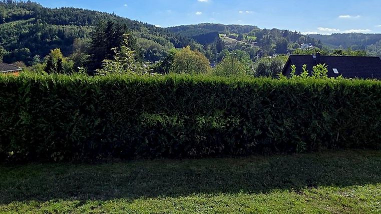 A well-maintained garden with a green hedge and a view of gentle hills. The sky is blue and partly cloudy.