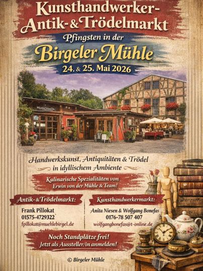 A poster for the artisan and flea market at the Birgeler Mühle. The event takes place on May 24 and 25, 2026, and offers crafts, antiques, and culinary specialties.