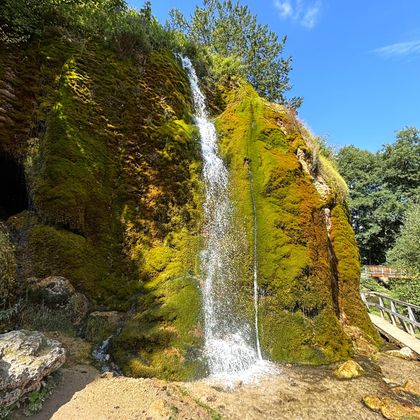 Ein schöner Wasserfall fließt über moosbedecktes Gestein. Umgeben von grünen Bäumen und klarem Himmel.