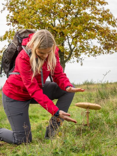 Eine Frau in roter Jacke betrachtet einen großen Pilz im Gras.