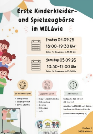 Une affiche colorée pour un marché de vêtements et de jouets pour enfants. L'événement se déroulera les 4 et 5 septembre 2026 à WILávie.