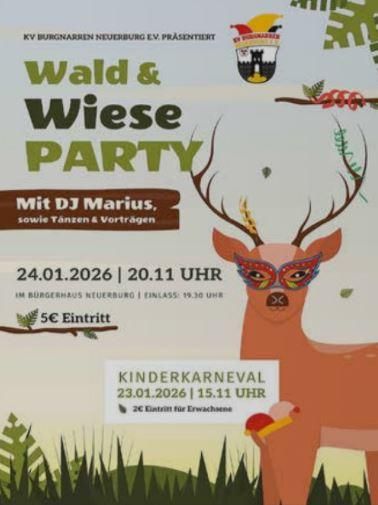 A colorful poster for the Forest & Meadow Party featuring a decorated deer. It provides information about the date, time, and admission prices.