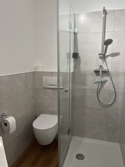 Une salle de bain moderne avec une cabine de douche en verre et des toilettes. Les murs sont carrelés de manière claire et le sol est en bois.