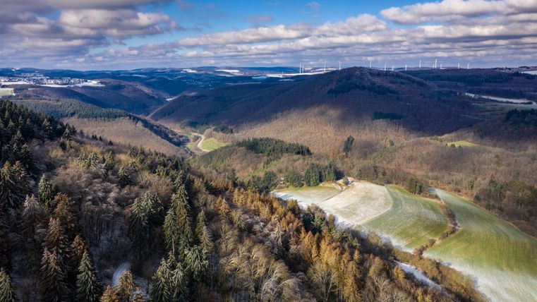Un paysage pittoresque avec des collines douces et des zones boisées. En arrière-plan, des éoliennes sont visibles.