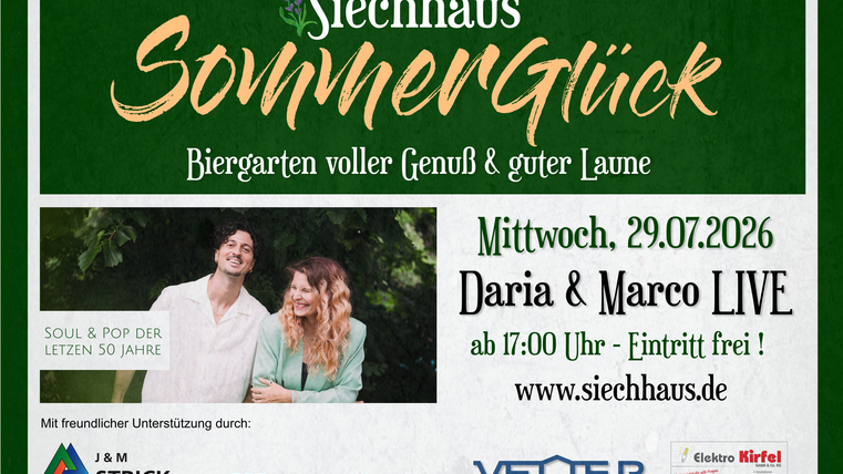 Ein Plakat für ein Sommer-Event im Biergarten mit dem Titel "SommerGlück". Daria und Marco treten am 29. Juli 2026 live auf, der Eintritt ist frei.