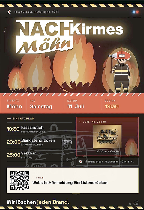 Eine Veranstaltungseinladung mit dem Titel „Nachtkirmes Möhn“. Es werden verschiedene Aktivitäten aufgeführt, darunter Fassanstich und Bierkendrücken.
