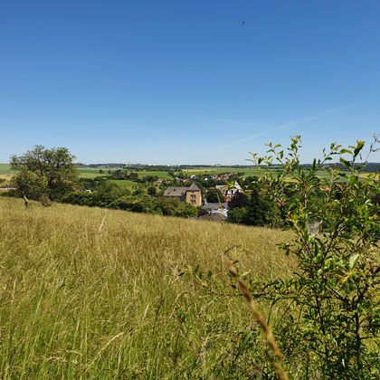 Paysage avec vue sur Dudeldorf et le château en arrière-plan.