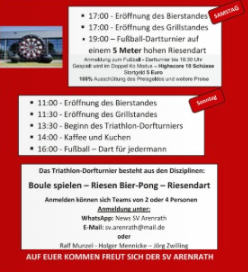 Ein Veranstaltungshinweis für ein Triathlon-Event mit verschiedenen Aktivitäten wie Boule, Riesen-Bier-Pong und Fußball-Dart. Die Zeiten für die Eröffnung der Bierstände und andere Programmpunkte sind aufgelistet.