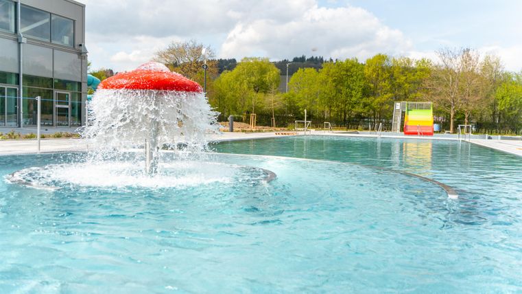 Une piscine avec de l'eau claire et une cascade colorée. En arrière-plan, on peut voir des arbres et un ciel bleu clair.