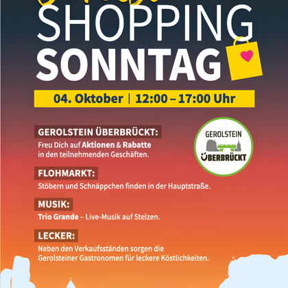 Een poster voor de Gerolsteiner Shopping zondag op 04 oktober. Het informeert over acties, een vlooienmarkt en live-muziek.