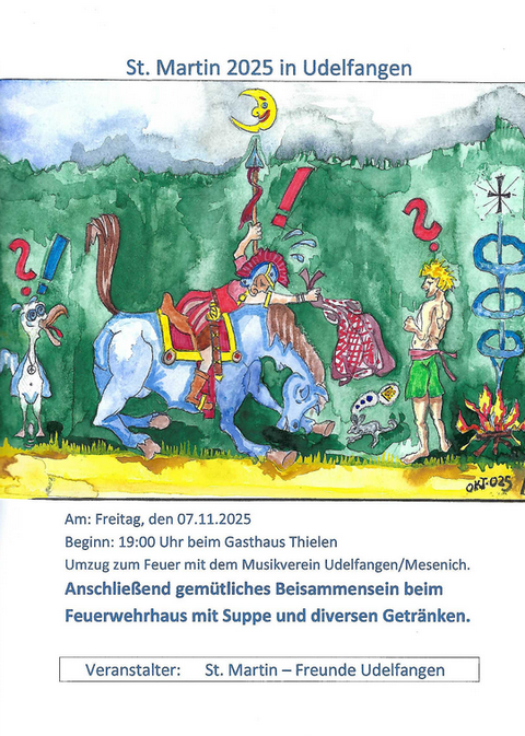 A colorful poster for the St. Martin festival in Udelfangen. It shows a riding Saint Martin sharing with a beggar, surrounded by stars and a fire pit.