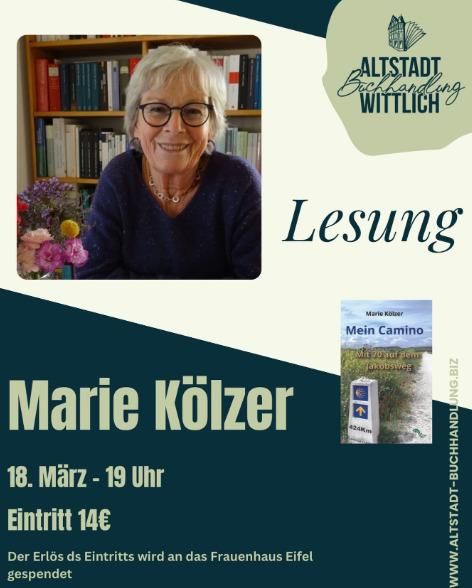 Eine Veranstaltungseinladung für eine Lesung mit Marie Kölzer. Der Termin ist am 18. März um 19 Uhr, der Eintritt kostet 14 Euro.