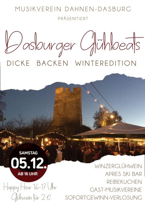 Un événement festif nommé "Dasburger Glühbeats" aura lieu le 7 décembre. Il y aura des stands avec du vin chaud et des galettes de pommes de terre dans une ambiance conviviale.