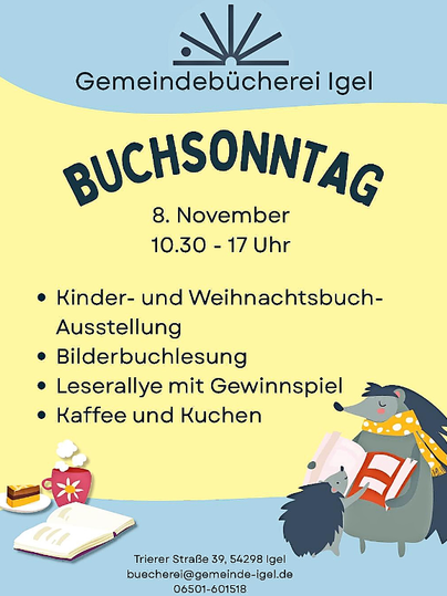 A poster for the Book Sunday at the community library Igel. It displays information about exhibitions, activities, and offerings such as coffee and cake.