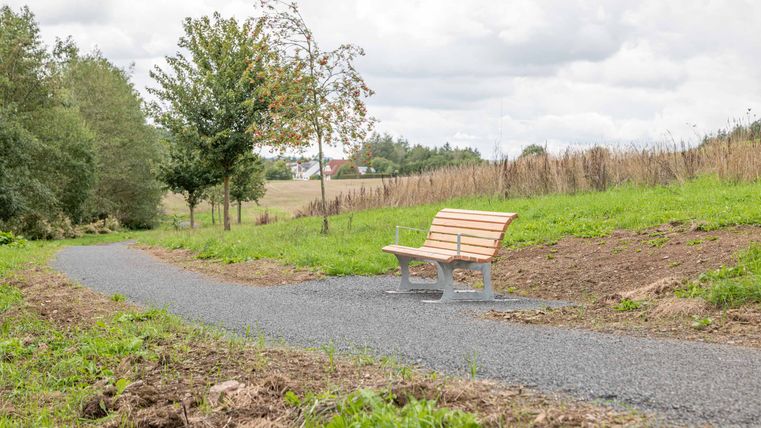 A wooden bench by the side of the path, surrounded by trees, a field and houses