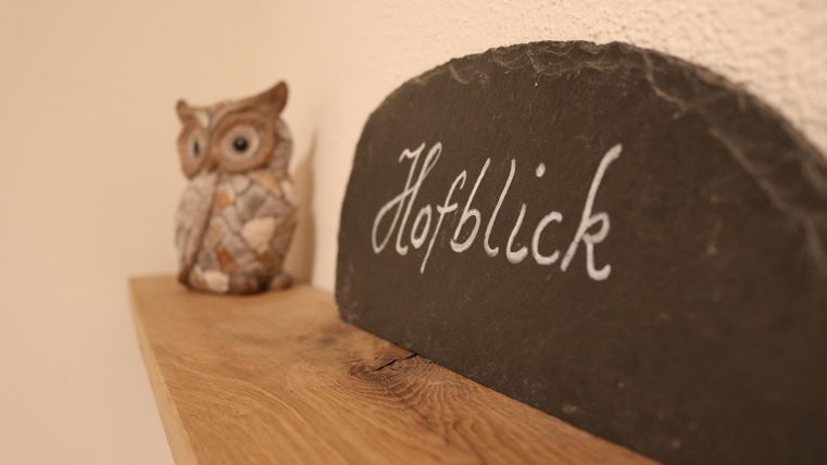 Une étagère en bois avec une pierre noire sur laquelle est inscrit "Hofblick" et un hibou décoratif. L'image dégage une atmosphère confortable.