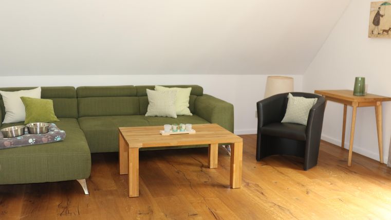 Ein gemütlicher Wohnbereich mit einer grünen Couch und einem Holztisch. Daneben steht ein schwarzer Sessel und eine Lampe auf dem Holzboden.