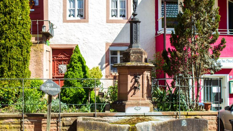 Historischer Brunnen in Dudeldorf vor einem Gebäude mit roten und weißen Fassaden.