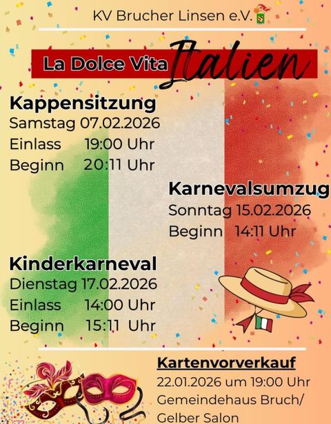 Une carte événementielle pour l'événement "La Dolce Vita" avec des dates et des heures pour différentes manifestations carnavalesques. Le design contient des couleurs et des symboles italiens qui transmettent une ambiance festive.