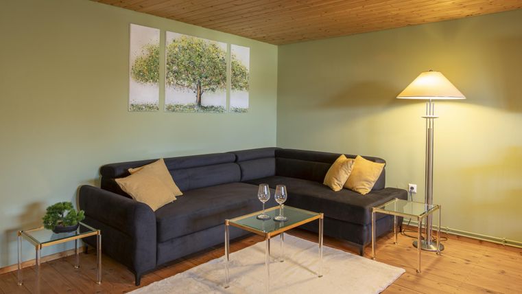 Een moderne woonkamer met een donkergrijze bank en gezellige kussens. Er is een vloerlamp en glazen tafels die een uitnodigende sfeer creëren.