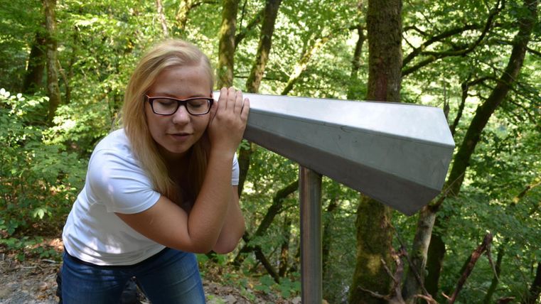 A person leans on binoculars in a wooded area. They show interest in the surroundings and enjoy nature.