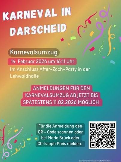 Een kleurrijk poster voor de carnaval in Darscheid. Het bevat informatie over de carnavalsoptocht en het After-Zoch-feest.