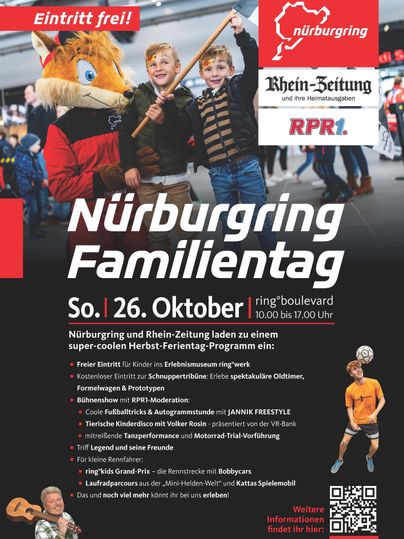Een poster voor de Nürburgring Familiedag op 26 oktober. Het toont informatie over evenementen, attracties en de vrije toegang tot dit evenement.