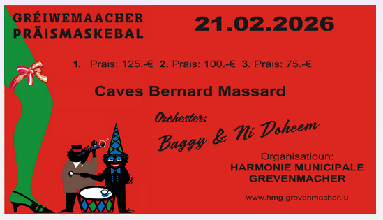 Ein farbenfrohes Plakat für den Greiwemaacher Präismaskebal am 21. Februar 2026. Es zeigt Preise und Informationen zum Orchester Bagzy & Ni Doheem.