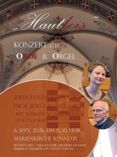 Ein Konzertplakat für Oboe und Orgel. Es zeigt die Künstler Julia Fankhänel und Prof. Johl Gilbert sowie Details zum Konzerttermin und -ort.
