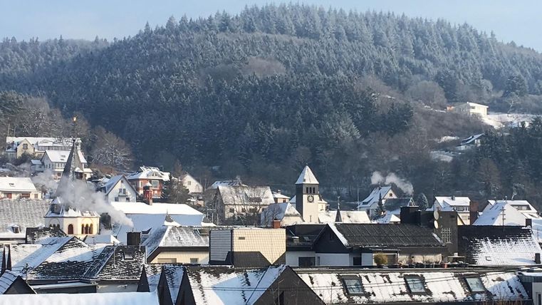 A winter city view with snowy rooftops and smoking chimneys. In the background are wooded hills.