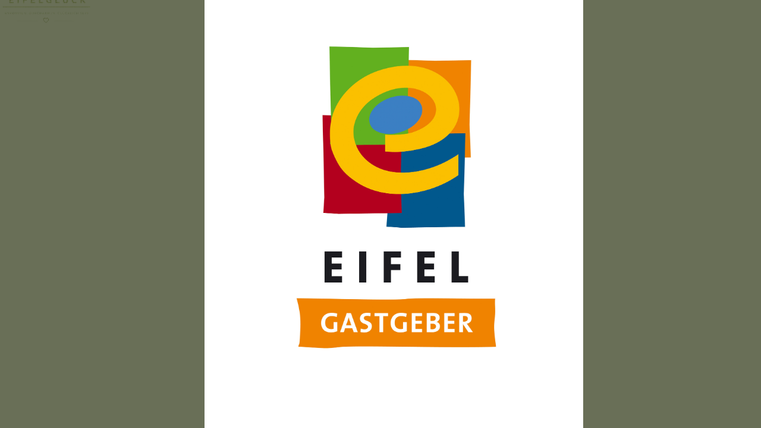 Ein buntes Logo mit verschiedenen geometrischen Formen und dem Text "EIFEL GASTGEVER". Es vermittelt ein Gefühl von Gastfreundschaft und Region Eifel.