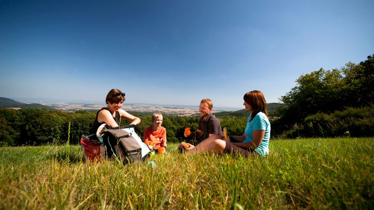 Four people are sitting on a meadow having a picnic with a view of a hilly landscape.