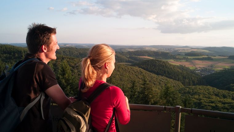 Two people stand on a viewing tower and look out over a wooded landscape.
