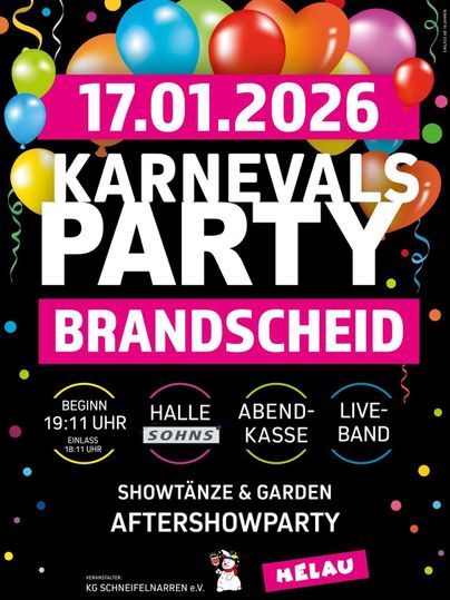 A poster for a carnival party in Brandscheid. It displays the date, time, and information about entertainment and admission.